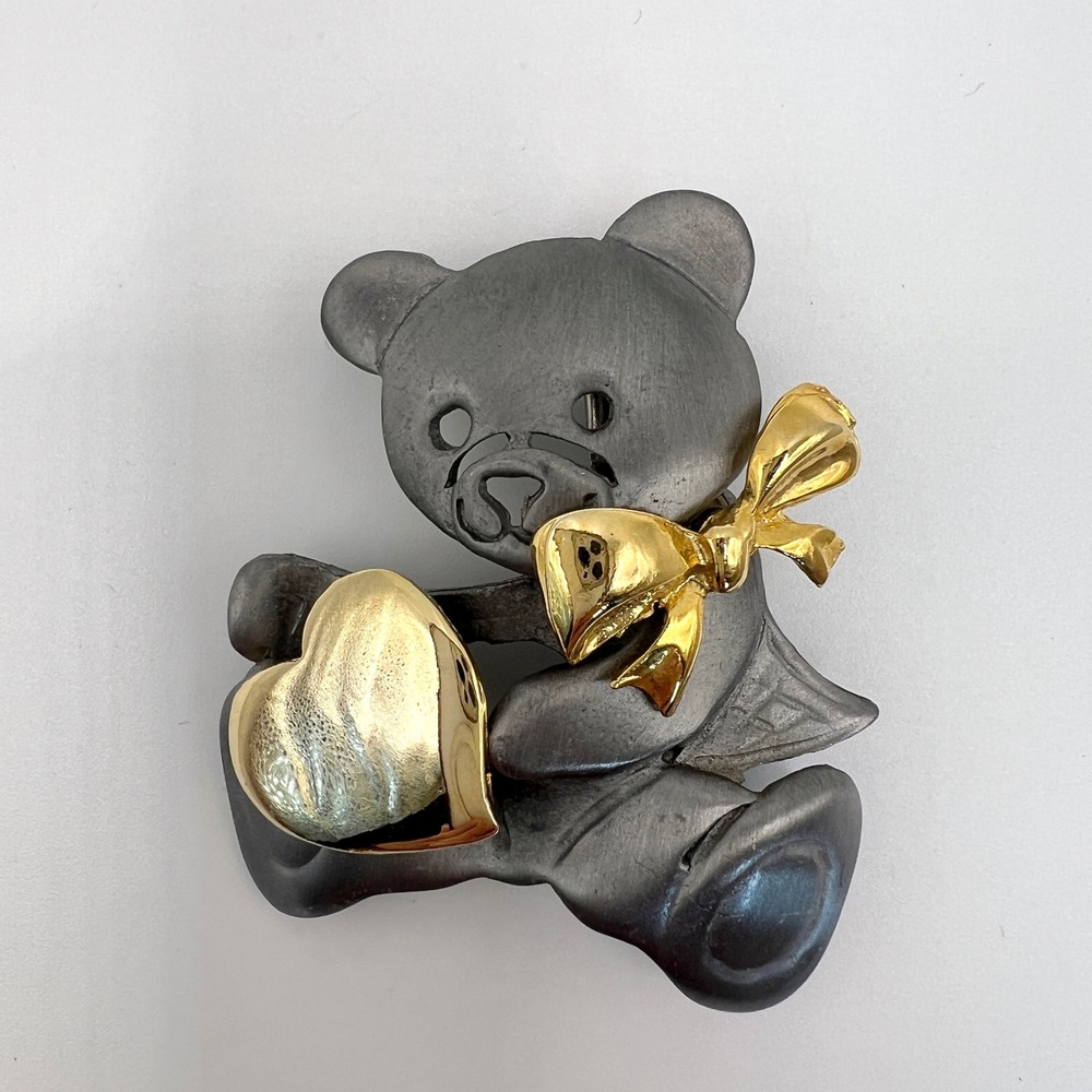 Vintage‎ Ultra Craft Teddy Bear Brooch Heart Bow Silver Gold Tone Pin